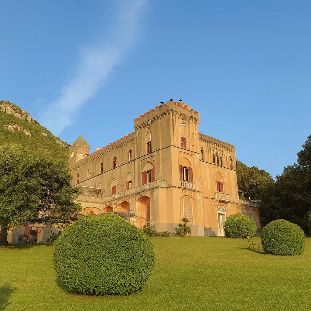 Exterior of a historic castle complex on the Amalfi Coast
